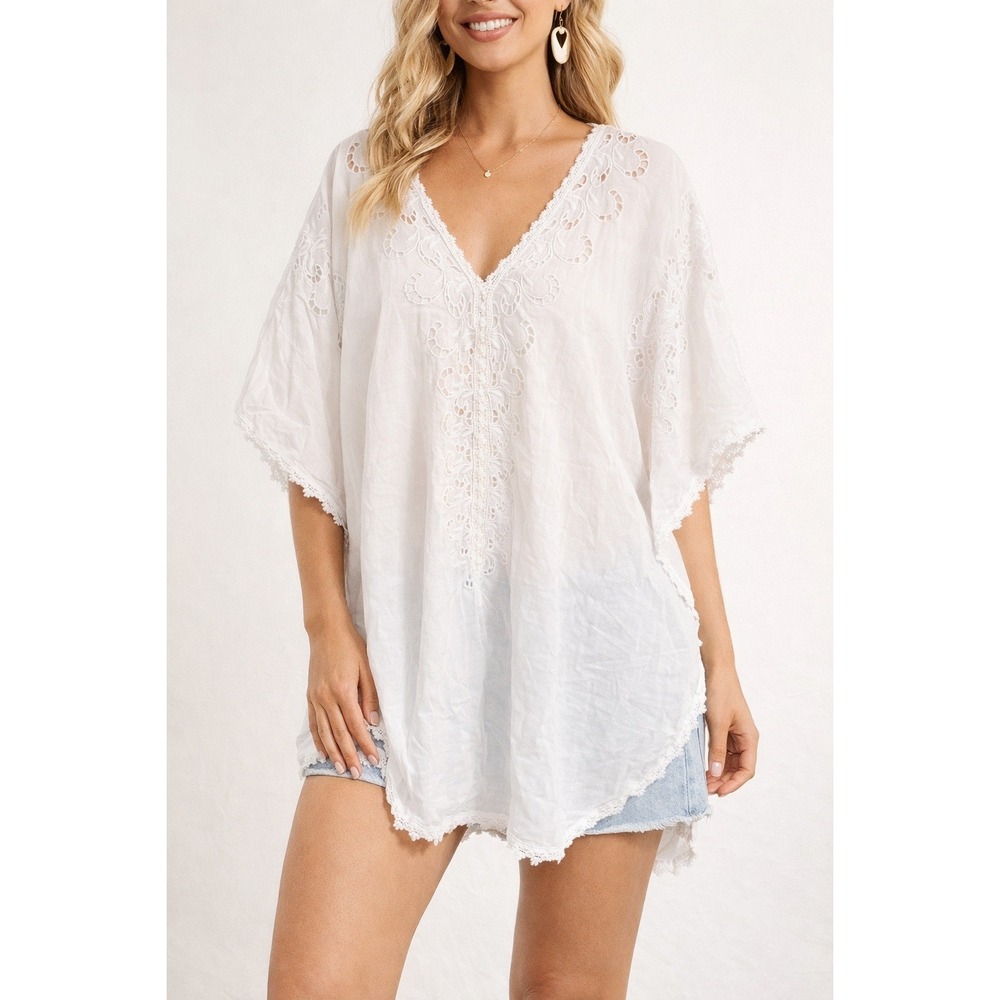 Melissa Odabas Kaftan Womens One Size White Eyelet Crochet Trim Cover Up